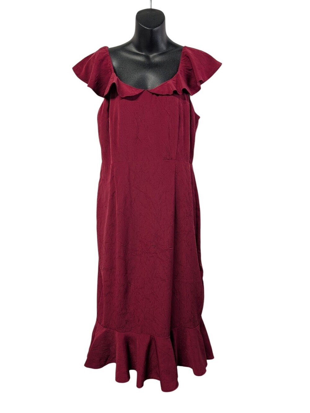 Chelsea 28 Burgundy Red Ruffle Shoulder Textured Midi Dress Size M